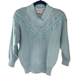 Vintage Jaclyn Smith Sweater Pastel Blue Fairy Kei Core Beaded Floral Lace 80s